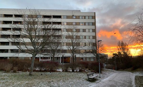 Höghus i Solna fotograferat i solnedgången